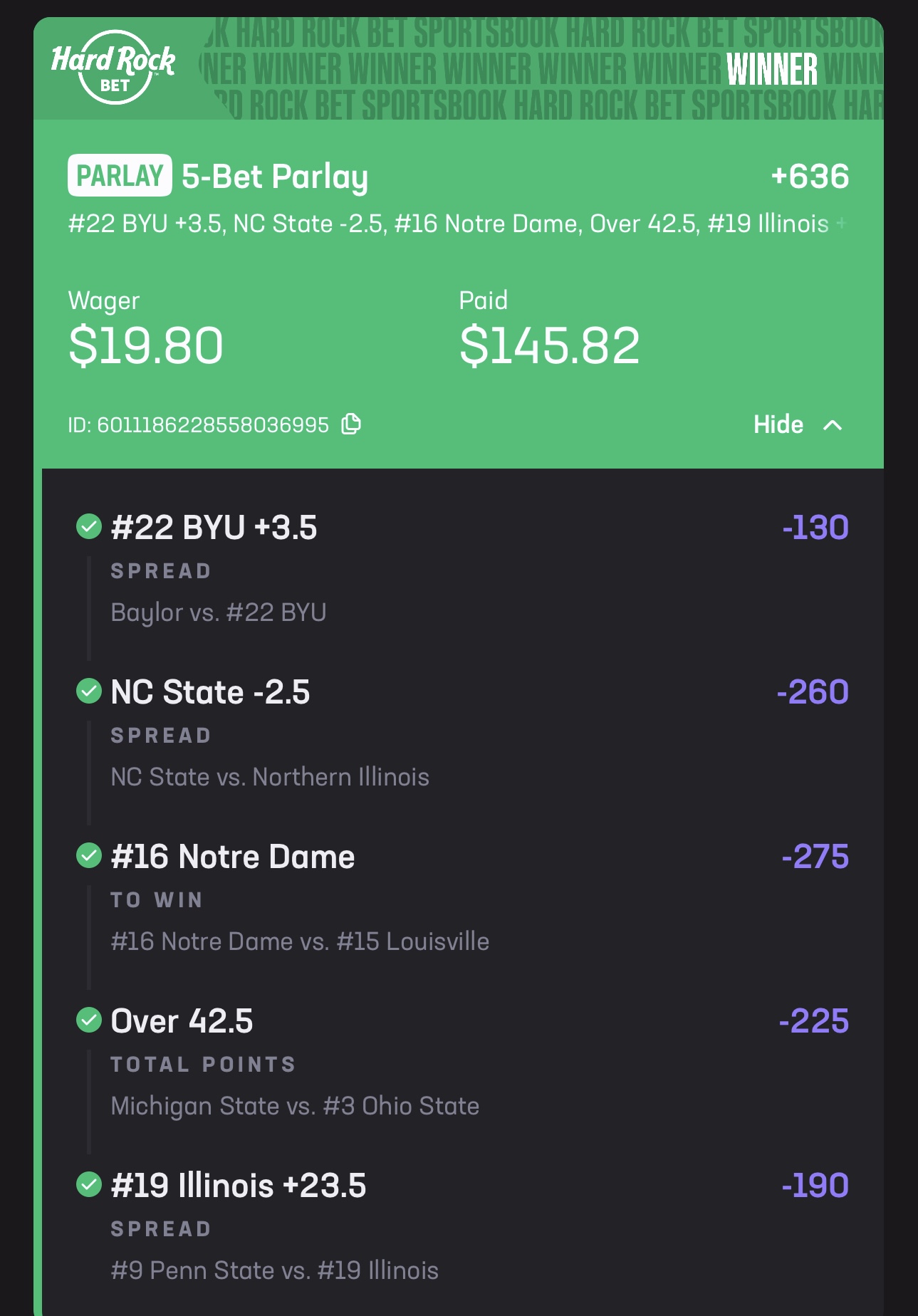 Winning five-bet parlay