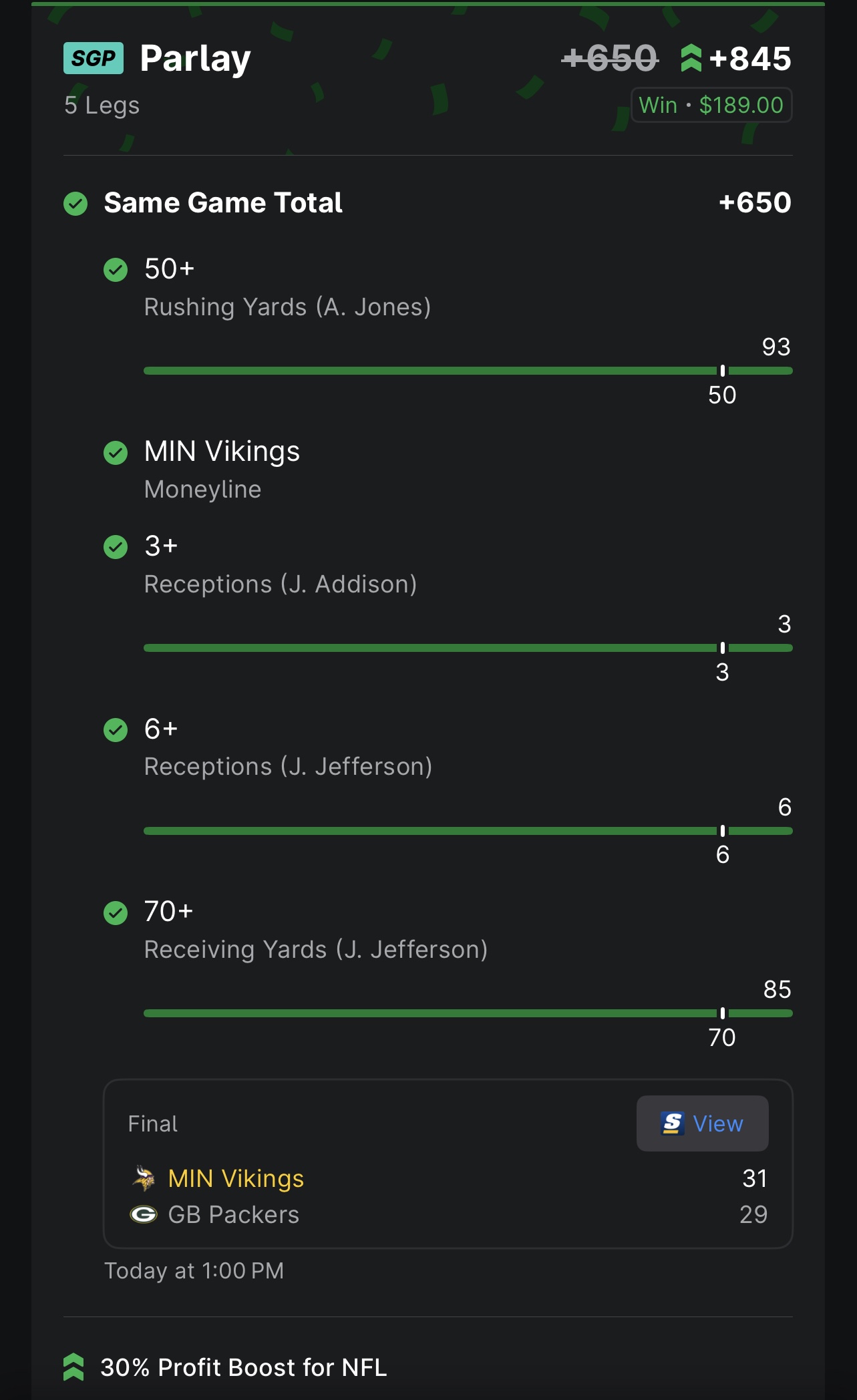 Winning five-leg same-game parlay