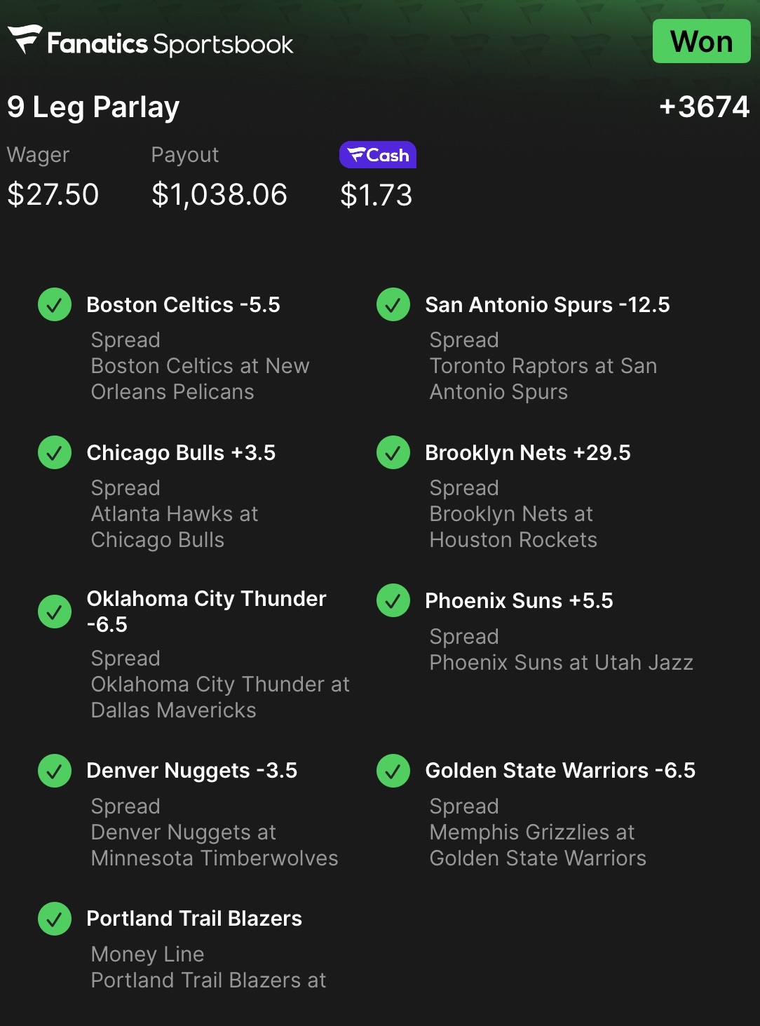 Winning nine-leg parlay
